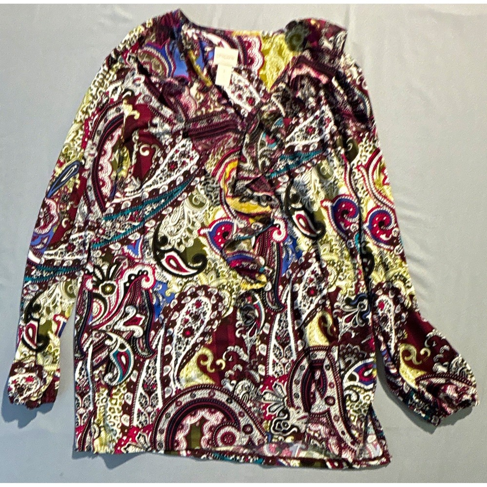 Chicos Womens Paisley Ruffle V-Neck Blouse Multi-Color Long Sleeve Top Size 1